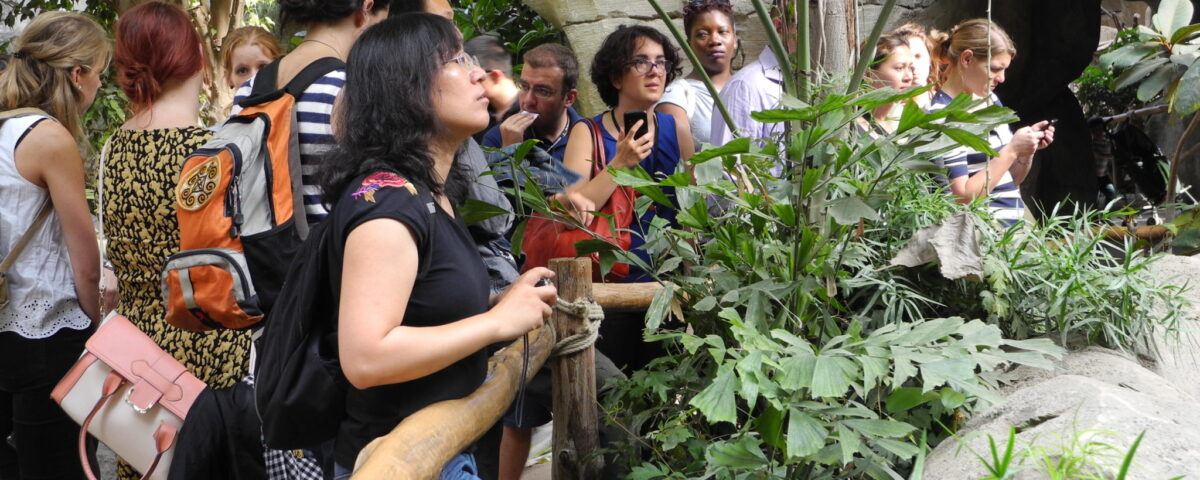 A group of international scientists is given a guided tour of Leipzig Zoo. In the foreground, a female scientist is standing away from the group and looking into the pen, although the pen itself is not visible.