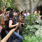 A group of international scientists is given a guided tour of Leipzig Zoo. In the foreground, a female scientist is standing away from the group and looking into the pen, although the pen itself is not visible.