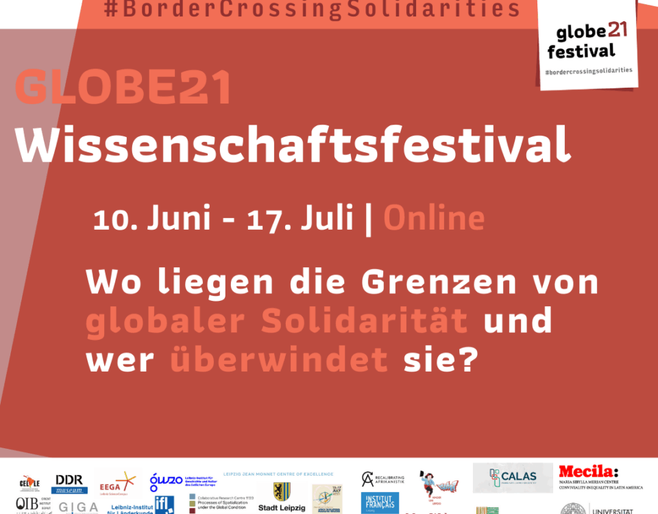 Poster of the Globe 21 research festival displaying the title in German "Where are the limits of global solidarity?" and the logos of the participating organisations